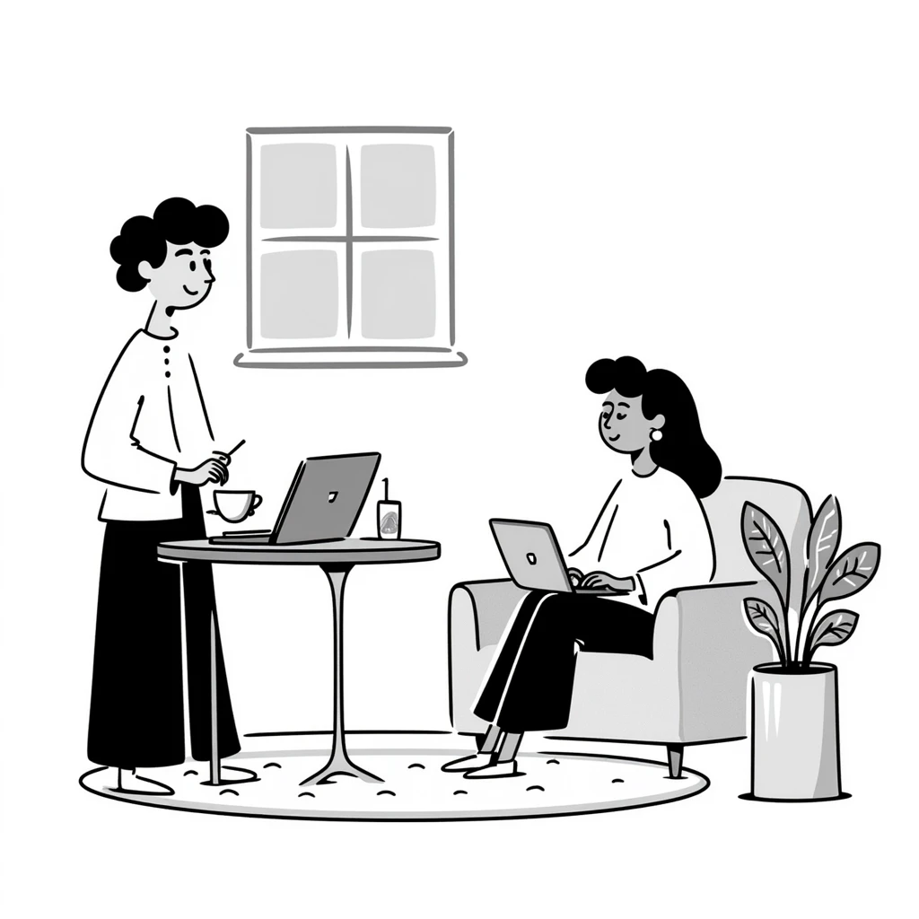 escenary 3d of a cozy mid-century living room with two people working on laptops, one man standing at a desk, and one woman sitting on a couch emoji