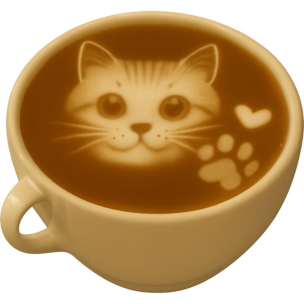 Replace the paw print in the latte art with a realistic dog paw print, keep the cat face and heart as they are. Maintain realistic texture and gentle lighting. Remove the background completely. emoji