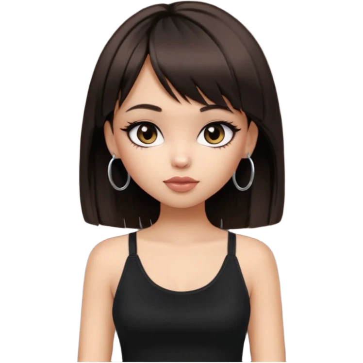 generate a pretty bratz girl in black cami top, dark brown straight bob hair with bangs, eyeliner on, listeninh to music emoji