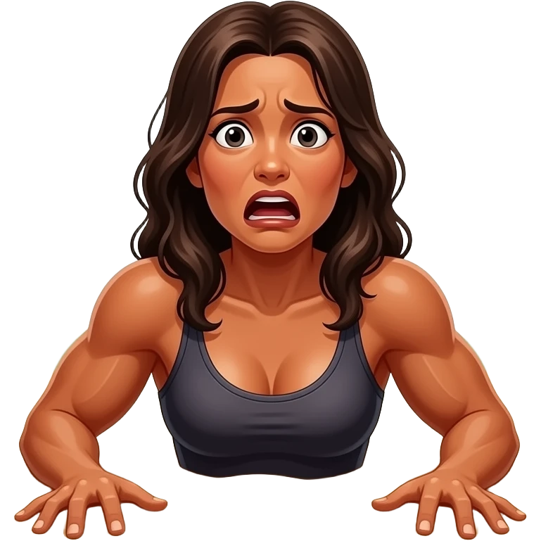 a terrified deeply tanned shirtless muscular woman chest deep in quicksand with jungle trees around her emoji