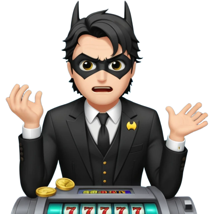 disheveled bat man losing money at a slot machine, panicked face, coins flying emoji