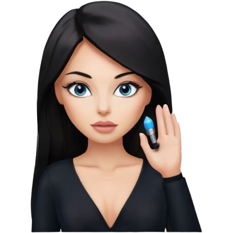 Glamours, tanned, beautiful, girl, with blue eyes, big pump peach-beige-rose lips, eyeliner, long lashes, black straight smooth silky long hair, parting hair in the middle,  in black v-neck bodysuit long sleeves emoji