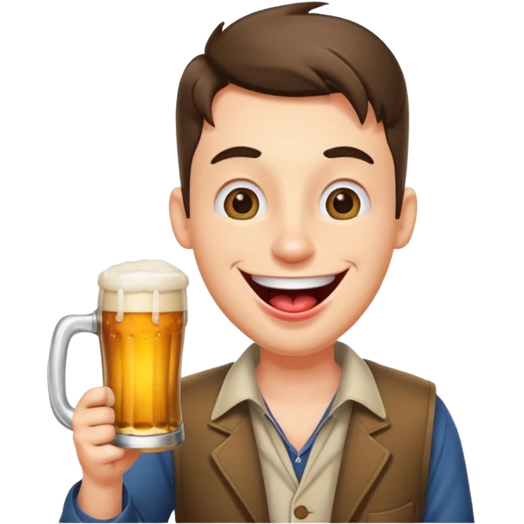 cartoon man with a big smile, crossed eyes, tongue out, holding beer emoji