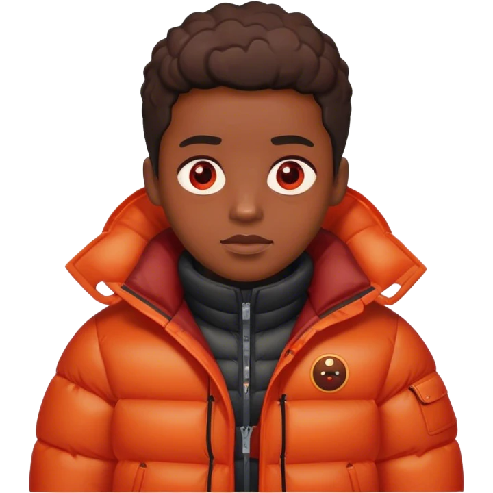 black person with puffer jacket with barbecue sauce and glowing red eyes emoji