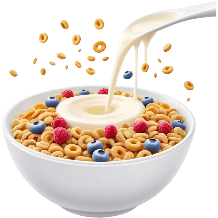 Cinematic crunchy cereal, vibrant and colorful, splashing into a bowl of cold milk, soft glowing background, dynamic movement, playful and inviting, nostalgic and fun. emoji