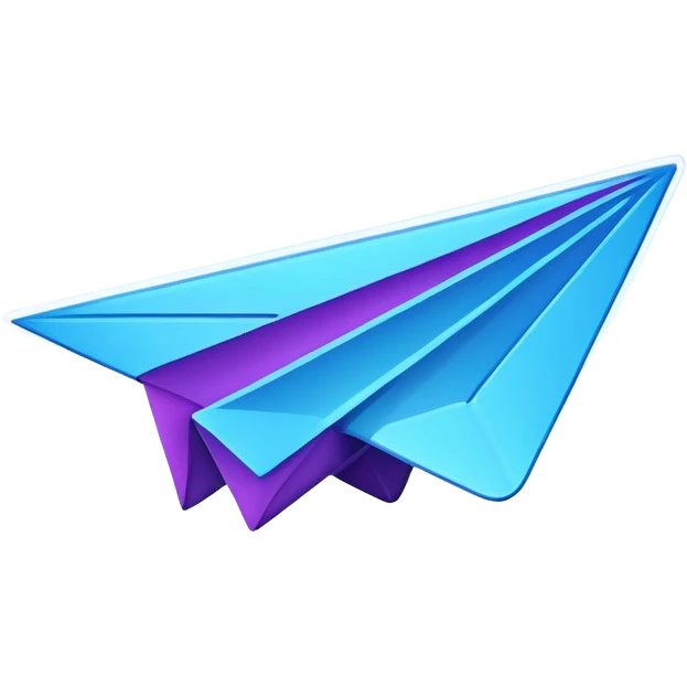 Telegram paper airplane logo in classic blue color, with neon glow lines, blue neon glow on top left, purple neon glow on bottom right emoji