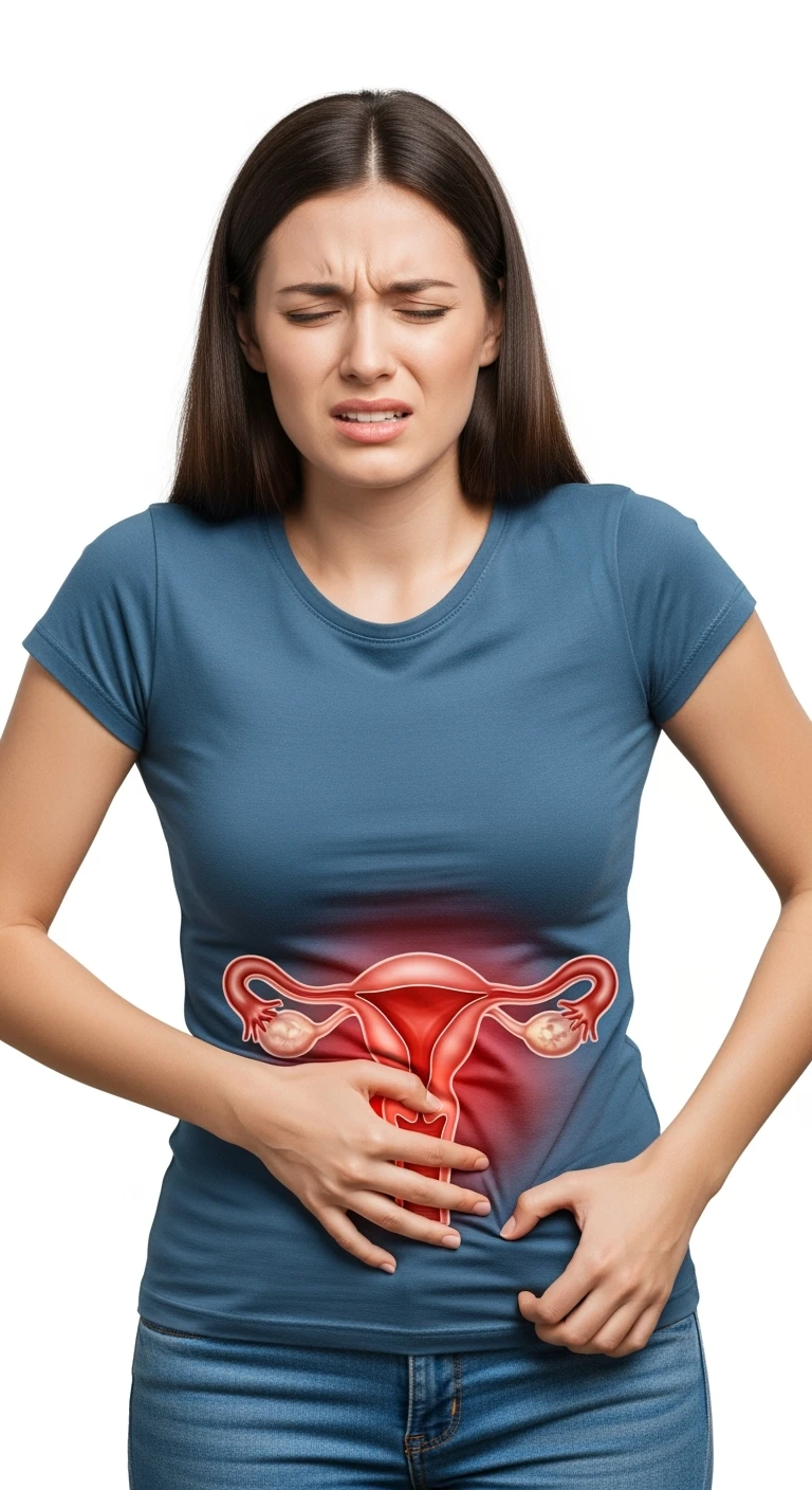donna vestita casual realistico con utero umano anatomico in evidenza, dolore in volto
, IPERREALISTICO 4K, sfondo bianco emoji