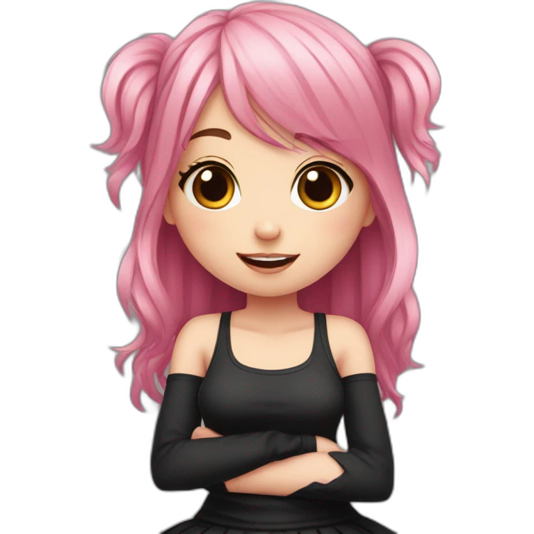 Full body Front view curvy emo girl pink hair sits on the floor straight view hands up black skirt полосатые рваные чулки emoji