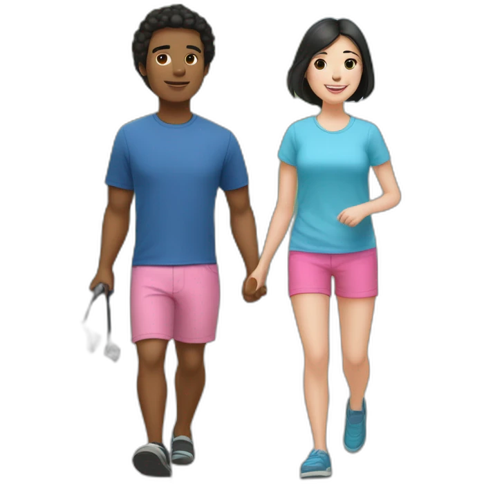 a 32-year-old man with pale skin and black hair, wearing flip-flops, pink shorts and a blue over-sidez t-shirt, going for a walk with a female 9-year-old Bichón Frisé dog. emoji