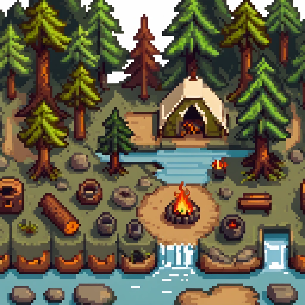 forest camping tile set with trees, tent, campfire, logs, river, rocks, and bushes emoji