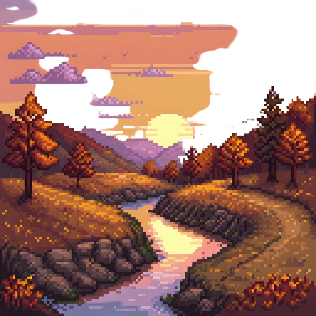 pixel art fall landscape at sunset, orange and red foliage, glowing sky emoji