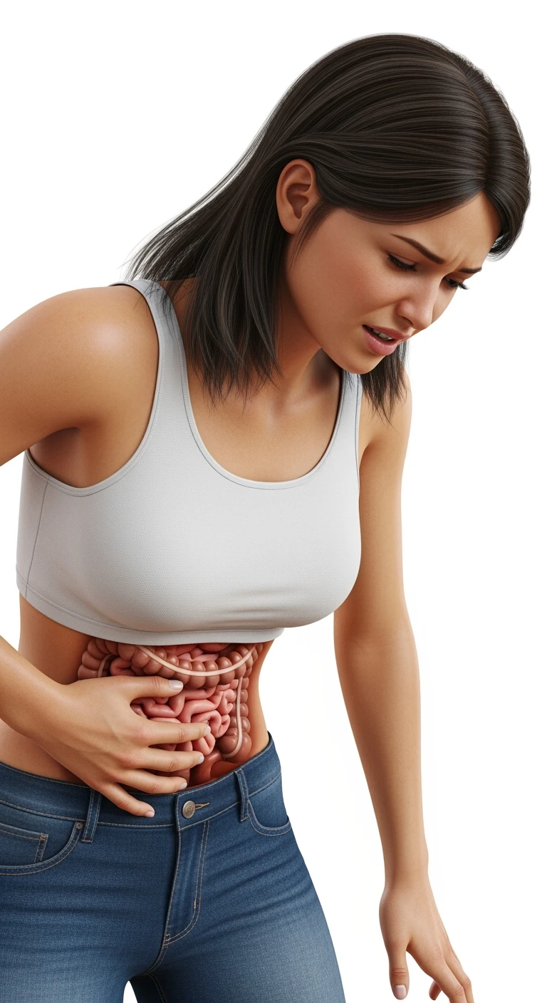 donna giovane piegata in avanti con mal di pancia e INTESTINO UMANO ANATOMICO IN EVIDENZA, iperrealistica 4k, ISOLATA SU SFONDO BIANCO emoji