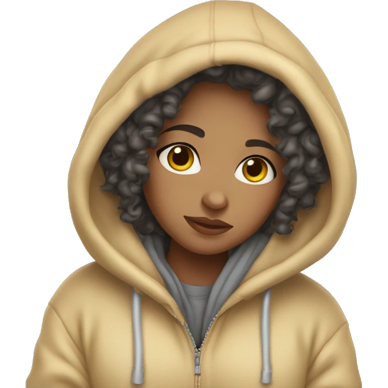 Light skin curly girl snuggled in hoodie emoji