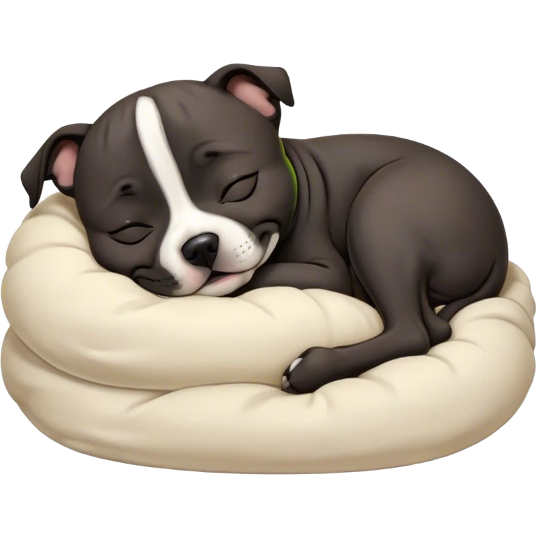Meme-Worthy Cute Sleeping Black/Brindle Staffordshire Bull Terrier Portrait Emoji, Head resting peacefully with a contented smile, showcasing a delightfully compact build and a luxuriously soft Fur with an attractive black and brindle blend, eyes shut in a serene nap, Simplified yet hilariously adorable features, highly detailed, glowing with a soft, drowsy light, high shine, relaxed and utterly lovable, stylized with an air of playful laziness, bright and heartwarming, soft glowing outline, capturing the essence of a comically sleepy guardian, so meme-worthy it feels like it could instantly become the next viral sensation of adorable slumber! emoji