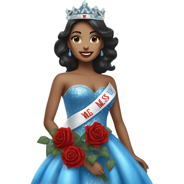 Beauty queen with dark hair, wearing a “Miss Massachusetts” sash and wearing a crown and blue sparkly dress holding red roses emoji