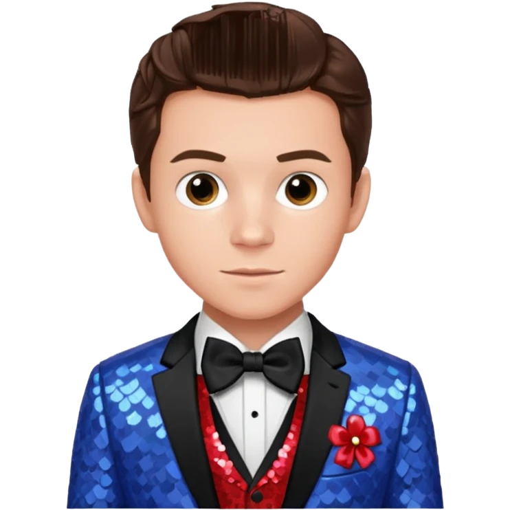 Tom Holland with brown hair, red shirt, periwinkle sequin suit jacket with bow tie emoji