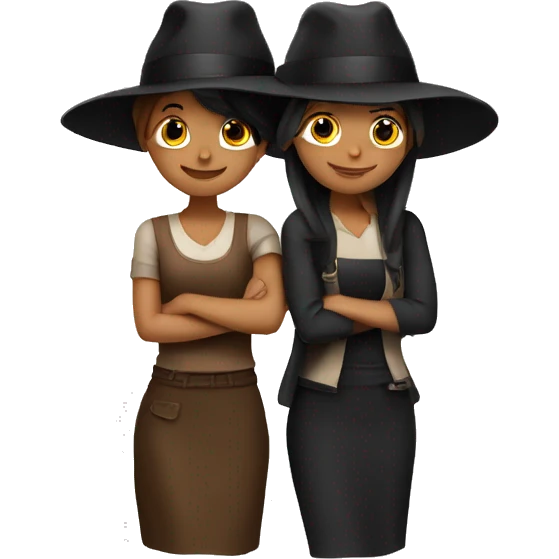 Two girls hugging, one with long brown hats and the other with long black hats emoji