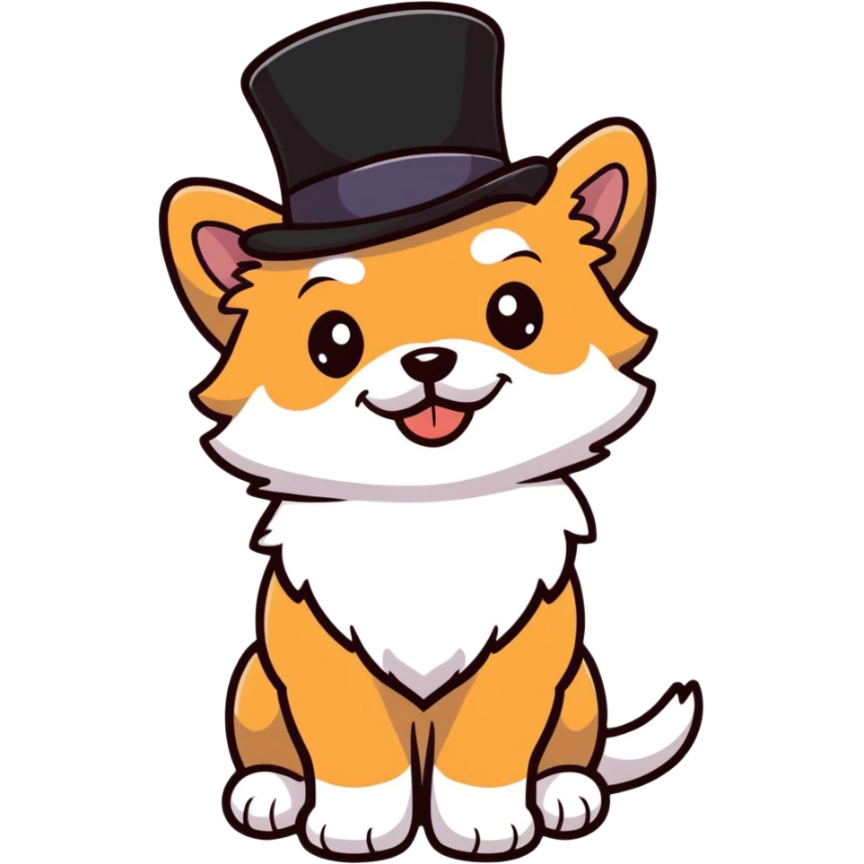 cute small dog with plain light tan fur, black nose, black round eyes, curly fluffy medium length hair, wearing a top hat emoji