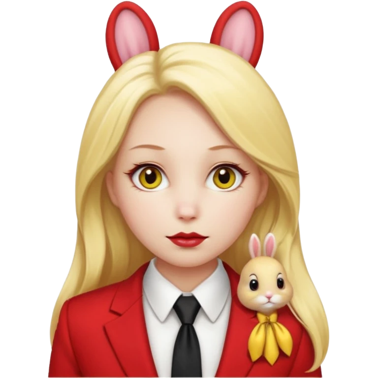 Woman with porcelain white skin, thick blonde hair that's in a thick, long ponytail, has the nose of a bunny, yellow scleras, red pupils, and a red suit with a black tie. emoji