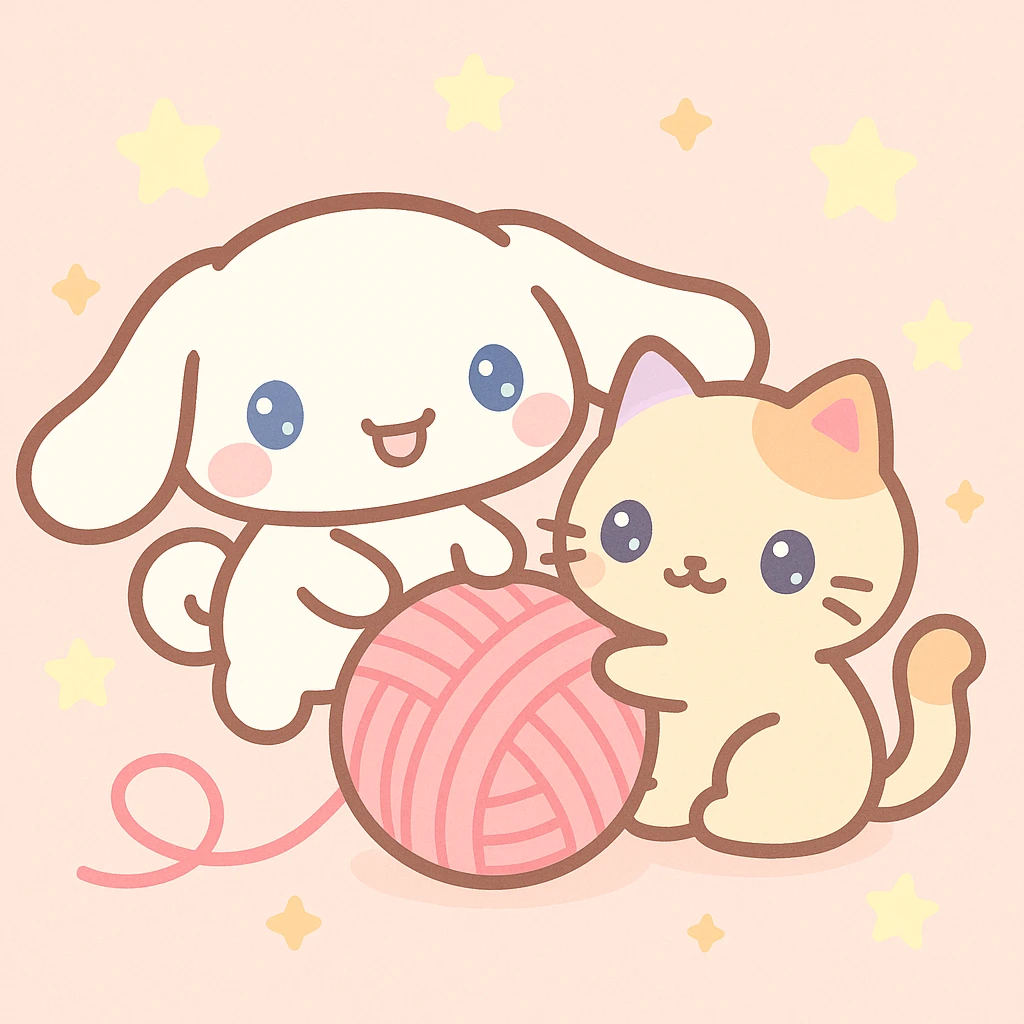 Cinnamoroll and a cat playing with a ball of yarn, kawaii style, gentle colors, happy mood emoji