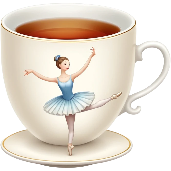 A tea cup with a tea bag tag hanging out, dancing en pointe in a classical ballet position emoji
