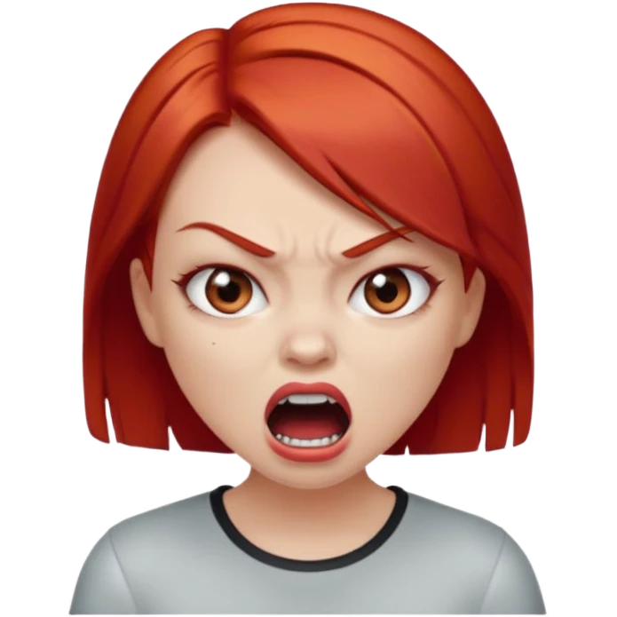 una chica con los labios y los ojos maquillados, de piel blanca con el pelo liso y corto y pelirrojo enojada gritando emoji