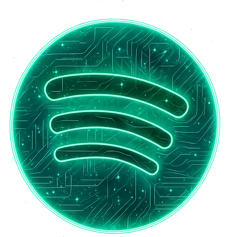 Transform the Spotify logo into a cyberpunk, holographic style with glowing neon green edges and intricate circuit patterns throughout the entire icon. Maintain the recognizable green circle and black sound waves, overlaying neon and circuit effects in a futuristic, clean cyberpunk style with consistent glow and detailed circuits. The background should be transparent to highlight the neon and holographic effects. emoji