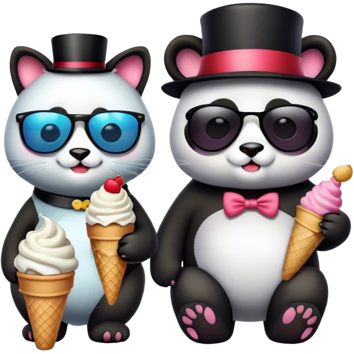 Shark with a top hat panda, eating ice cream cat with sunglasses emoji