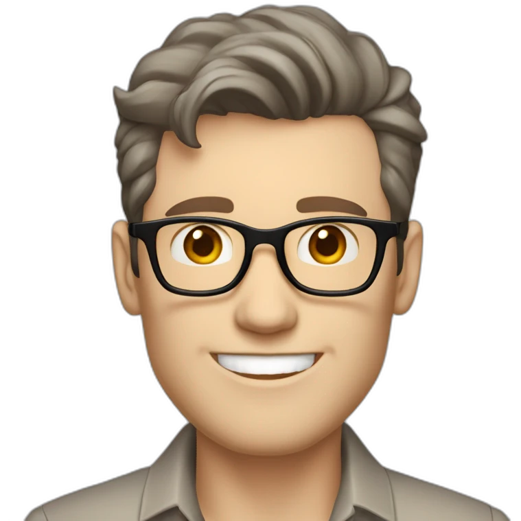 Joyful Pale skinned Fit Man With dark brown hair in gray jacket, beige office shirt, Brown pants and vintage glasses. His thrumbs up emoji