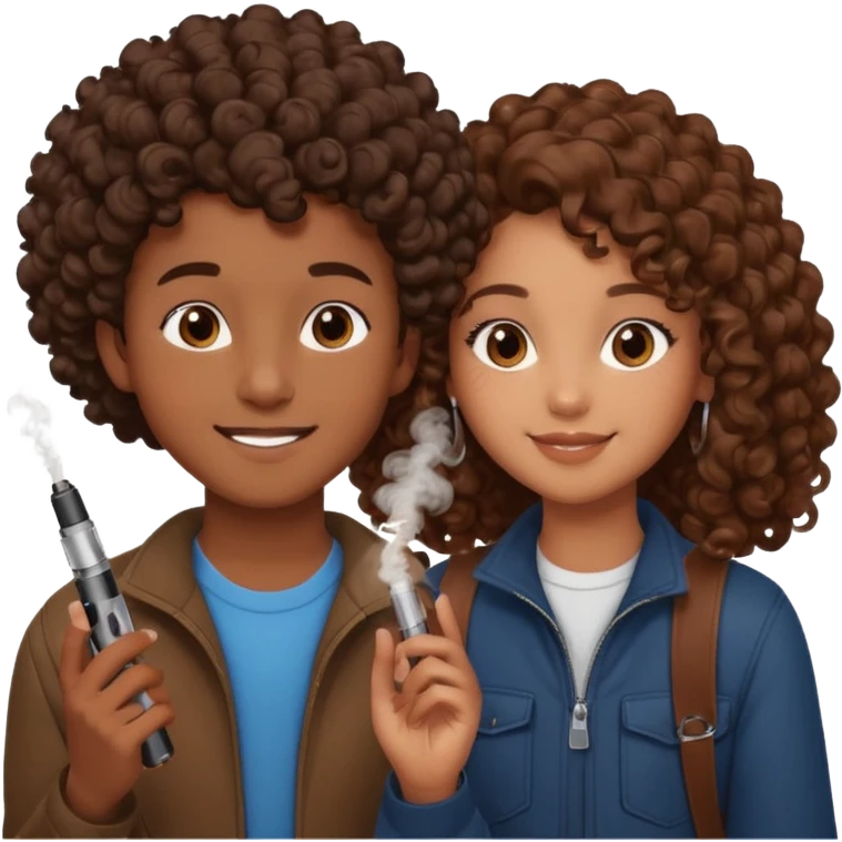 adolescent boy with brown skin holding a brown vape, next to a mixed-race girl with voluminous brown curls, both smiling at each other, romantic vibe emoji
