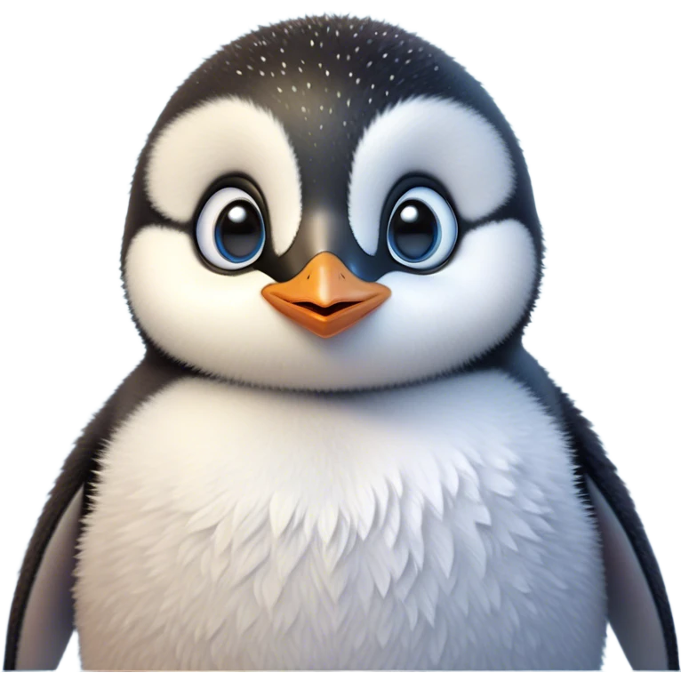 Cinematic Cute Baby Penguin Portrait Emoji, Head tilted playfully and inquisitively, with irresistibly fluffy plumage accented by a tiny beak and round, sparkling eyes filled with wonder, Simplified yet irresistibly adorable features, highly detailed, glowing with a warm, friendly polar glow, high shine, affectionate and lively, stylized with a touch of whimsical charm, bright and endearing, soft glowing outline, capturing the essence of a mischievous yet loving penguin that feels like it could slide out of the screen into your arms! emoji