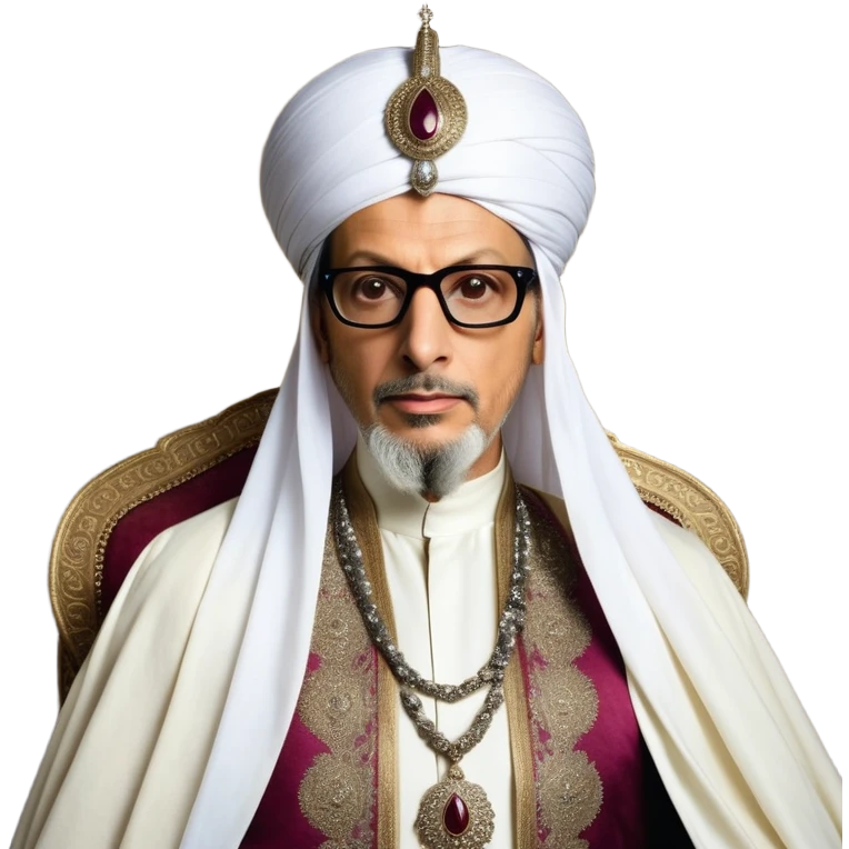 Jeff Goldblum no glasses as a regal portrait dressed as _cinematic-realistic-portrait-of-suleiman-the-magnificent,-depicted-as-a-regal-ottoman-sultan-adorned-with-a-large,-white,-round,-tall-turban-and-a-majestic-grey-beard,-his-commanding-gaze-bathed-in-warm,-historic-lighting-that-exudes-timel emoji