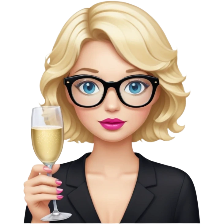 Blonde woman with short wavy hair, blue eyes nearly closed and pink lips wearing black glasses. holding a champagne glass  emoji