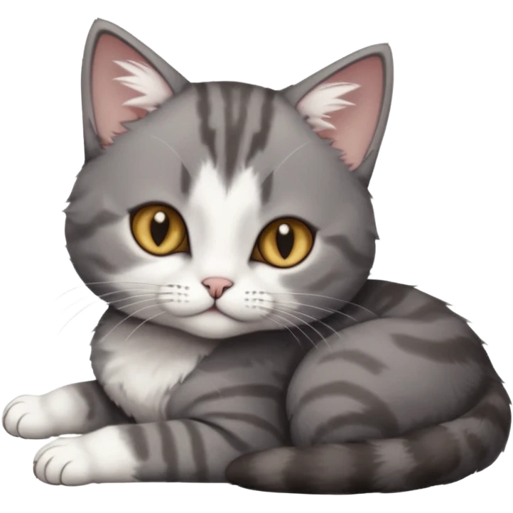 full body tiny short hair dark grey and white cat with hazel eyes lying down emoji