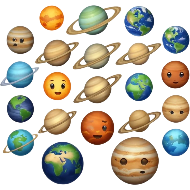 12 planets emojis I need a labeled and a ine for each planet :mercury, Venus , earth , mars, Jupiter Saturn, Neptune, Pluto, Uranus  emoji