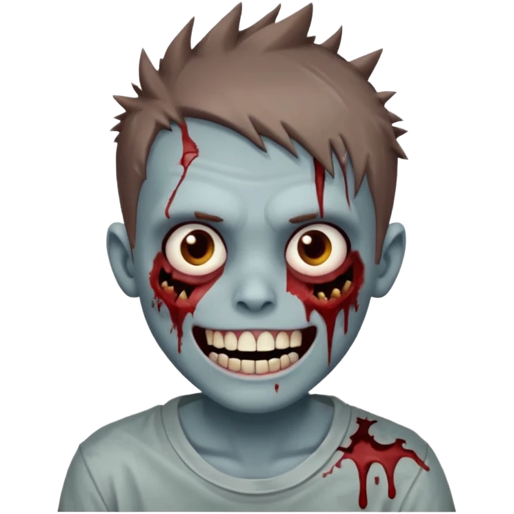 zombie boy with brown short spiky hair, white skin, and white eyes; an open smile, and bloodied teeth; emoji