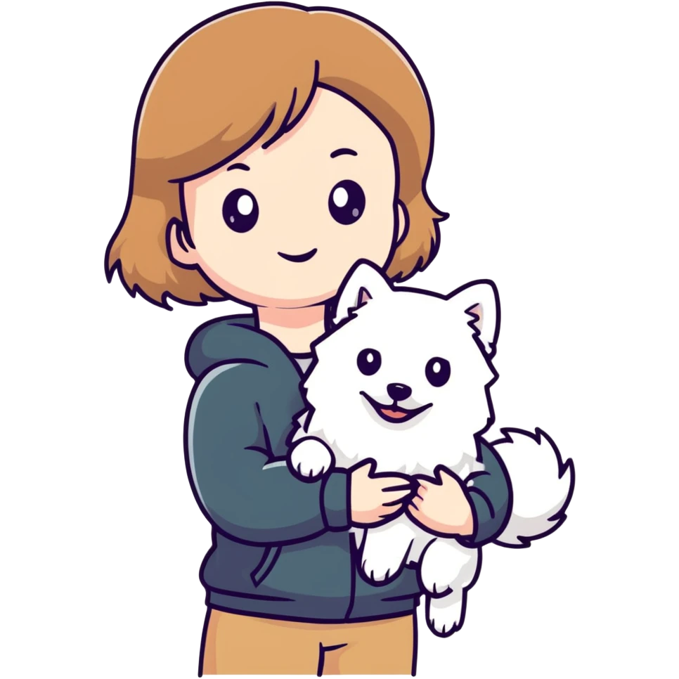 light brown hair girl with pale skin holding a white Japanese spitz dog emoji