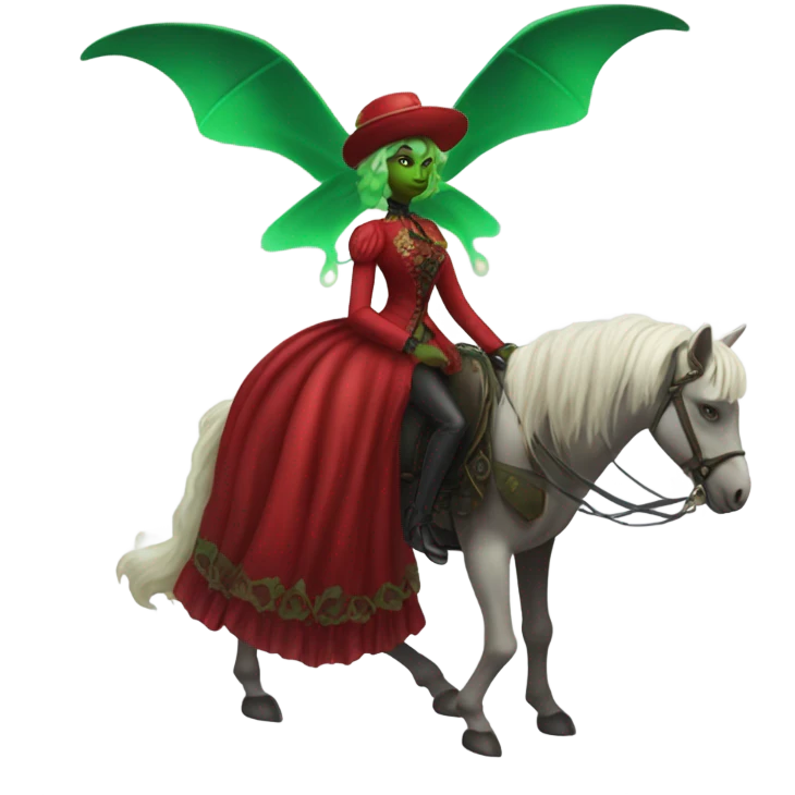 "galora green blonde alien woman" in red Victorian dress elegant, full body, on pegaso emoji