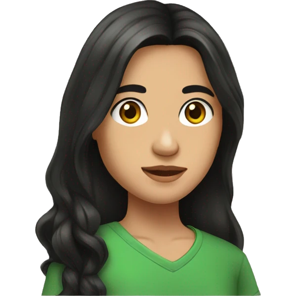 Mexican student with long black hair, brown eyes, green shirt, hook earrings emoji