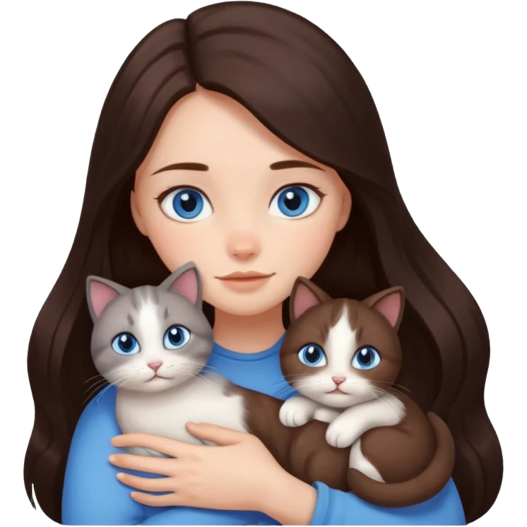 a pretty girl with long dark 
brown hair, with blue eyes, hugs 3 different natural coloured small cats emoji