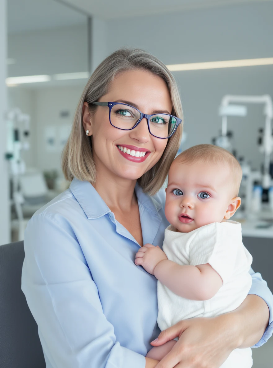 Cinematic still, Proffesional advertising of a smiling european white woman with glasses smiling holding baby, minimalistic ophthalmologist interior in background, leading  lines, "rule of thirds", 60/30/10 colors, soft light, blue colors emoji