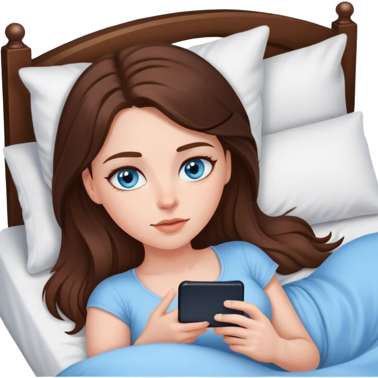 White girl brunett blue eyes, laying In bed using her phone emoji