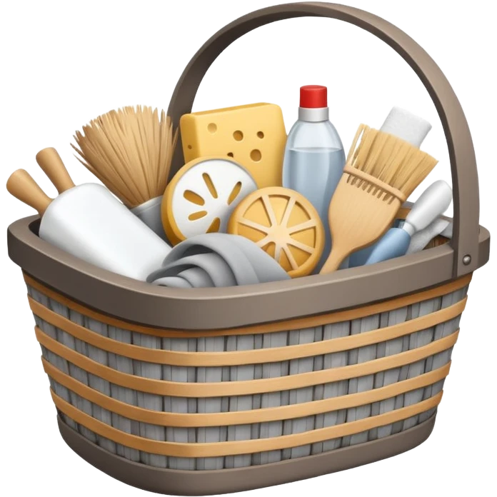 سلة تنظيف خشبية  بأغراض الوانها أبيض و رمادي  emoji