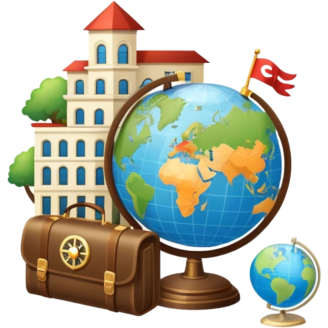 An icon featuring a hotel building, and a globe, symbolizing the scientific study of tourism and hospitality. The design includes a map, a compass, and a checklist, representing travel planning and service management. Transparent background highlights the academic exploration of the tourism industry emoji