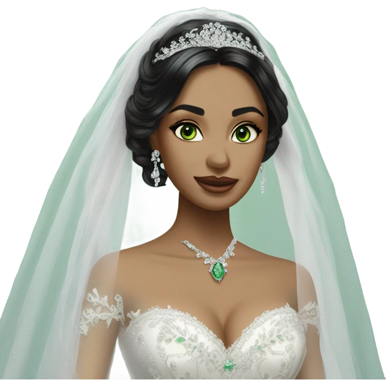 Hyper Realistic ornate ballgown long sleeve Wedding dress with diamanté on Russian bride with green eyes and long black hair with veil hyper realistic  emoji