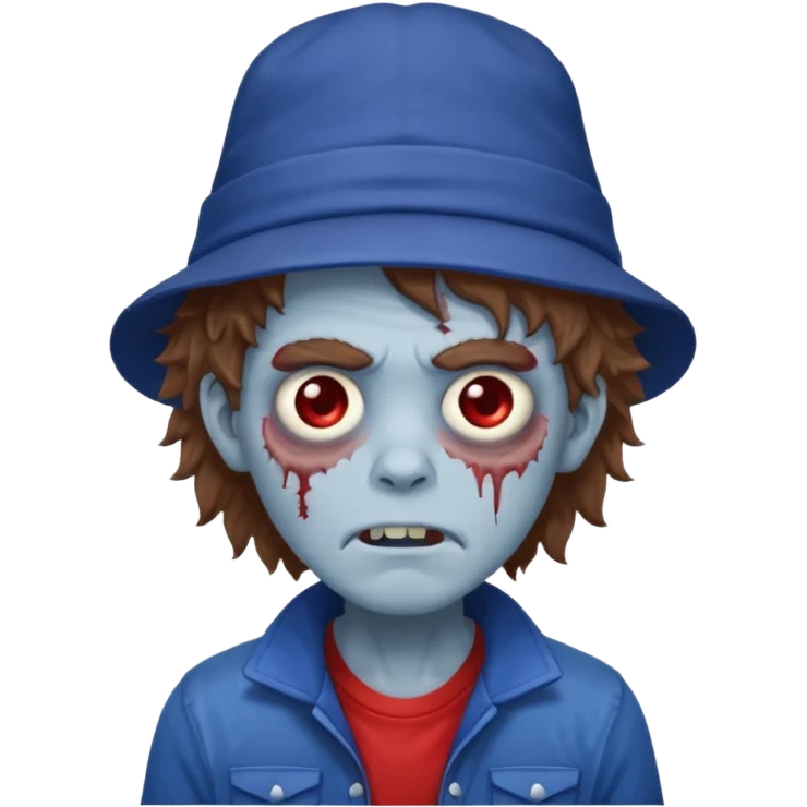 brown fluffy hair zombie with blue and white hat dark blue jilet red t shirt emoji