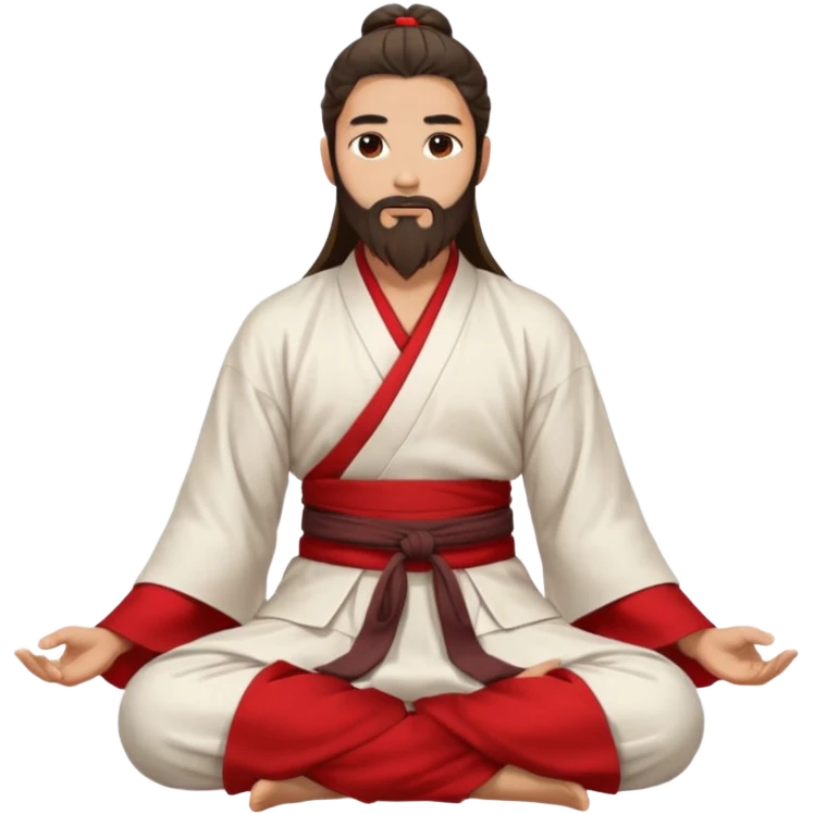 Beautiful man with lightly tan skin and dark long beard, long hair in bun, in white and red Hanfu sitting on the ground emoji