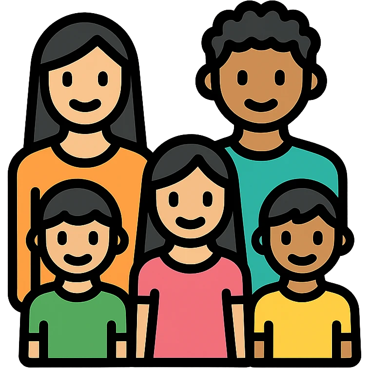 A Hispanic family of five standing together with transparent background: mom with long straight hair, dad with short curly hair, two boys with matching short hair, and one girl with long straight hair, correct genders and ages, color outline style emoji