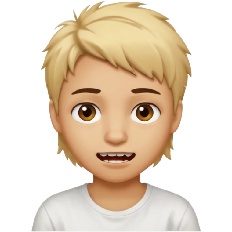 caramel skin color. Teen age. Short buzz, messy blonde hair, dark brown bushy eyebrows large expressive golden-brown eyes, brown skin color, scar over nose, wearing a plain white t-shirt. Mouth expression showing teeth emoji