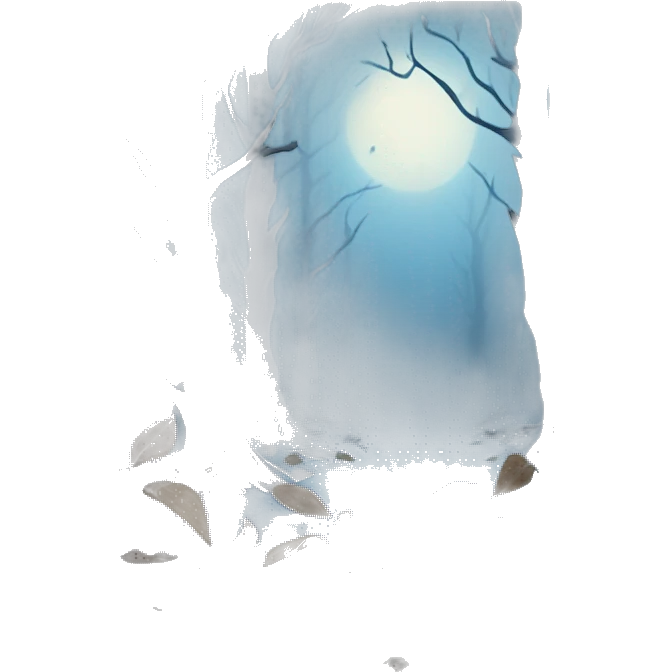 Forest with withered leaves, foggy, night, blue visual, in a frame  emoji